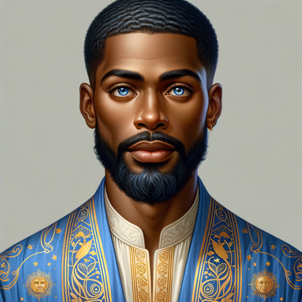 Create handsome African-American, Jesus, with Hazel Brown eyes wearing a blue and gold robe