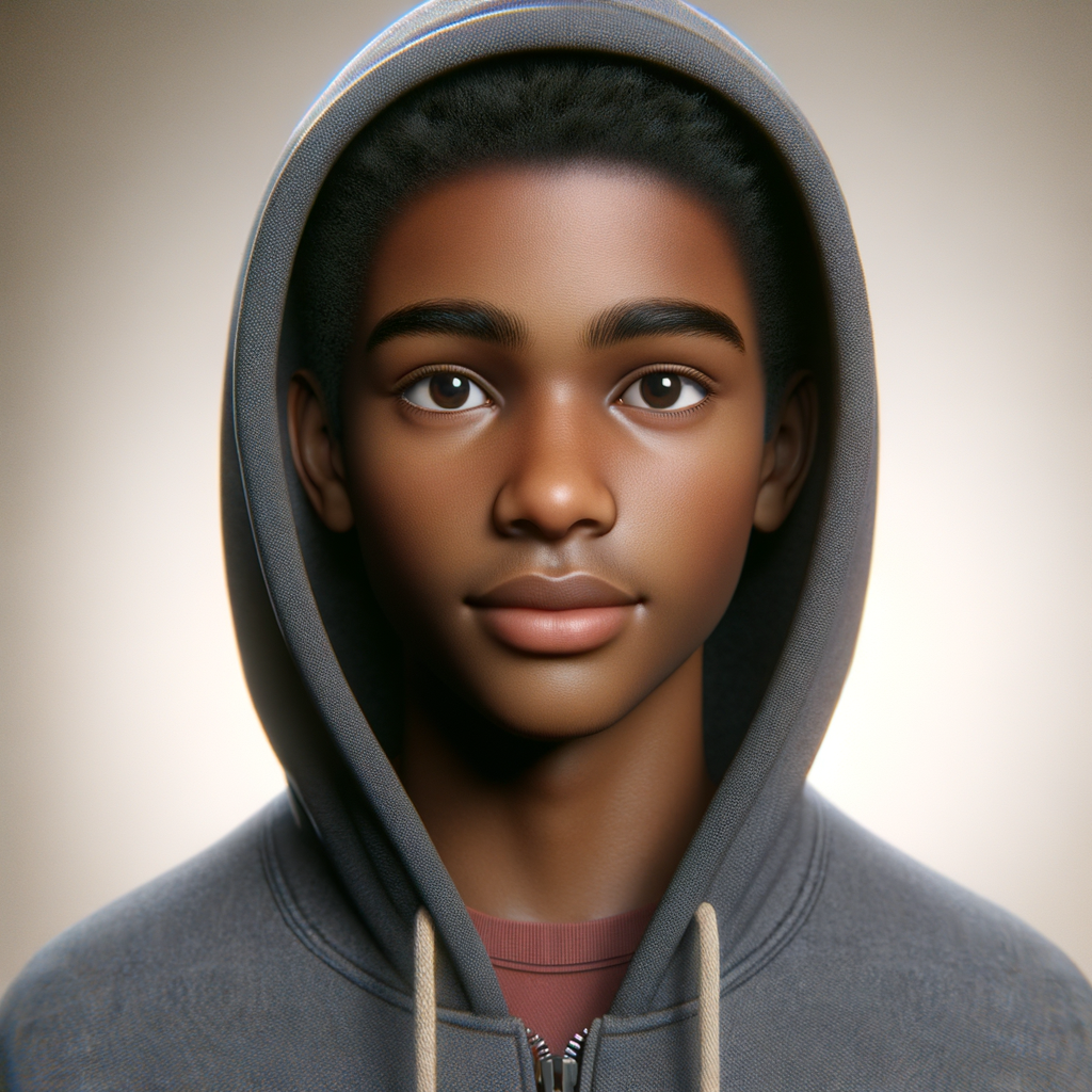 Create a 3-D realistic portrait of Trayvon Martin, wearing a hoodie