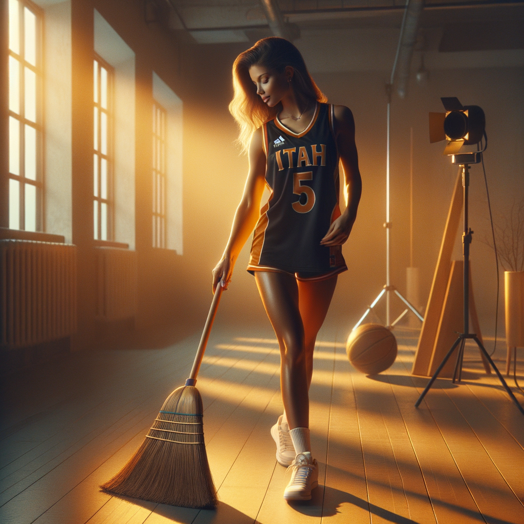 Young white athletic male basketball player with Itah #5 jersey and holding a broom in his hand sweeping the floor