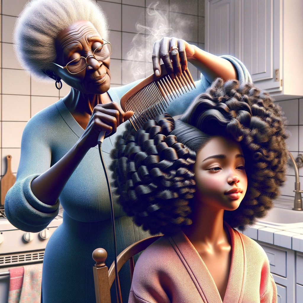 Create a realistic 3-D image of an african-American grandmother in the kitchen with her african-American granddaughter. The grandmother has a hot comb in her hair and she is straightening her granddaughters hair. One side of her granddaughters hair is in  a Afro the other is bone straight 
There is smoke coming from the hot comb