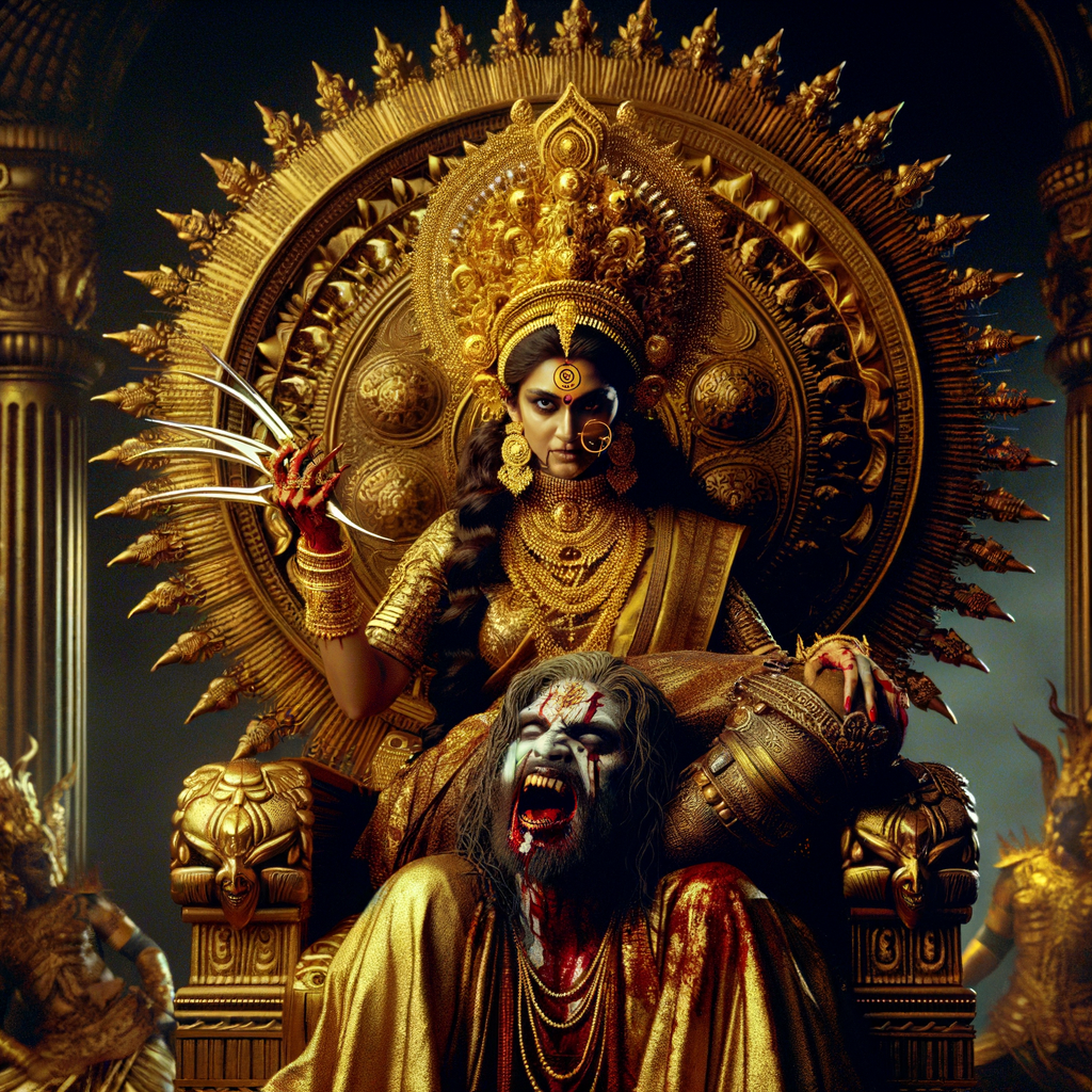 portrait of angry looking goddess durga cosplayer sitting on a gold crown and carrying a weak mahishasur cosplayer on her lap and she is stabbing his belly  with her amazing long fingernails. She is wearing gold armor, a huge gold crown, gold saree, abundant  gold jewelry, covered in blood. The scene is set in ancient India. The image is 8K resolution, photography, cinematic, ultra detailed face and epic