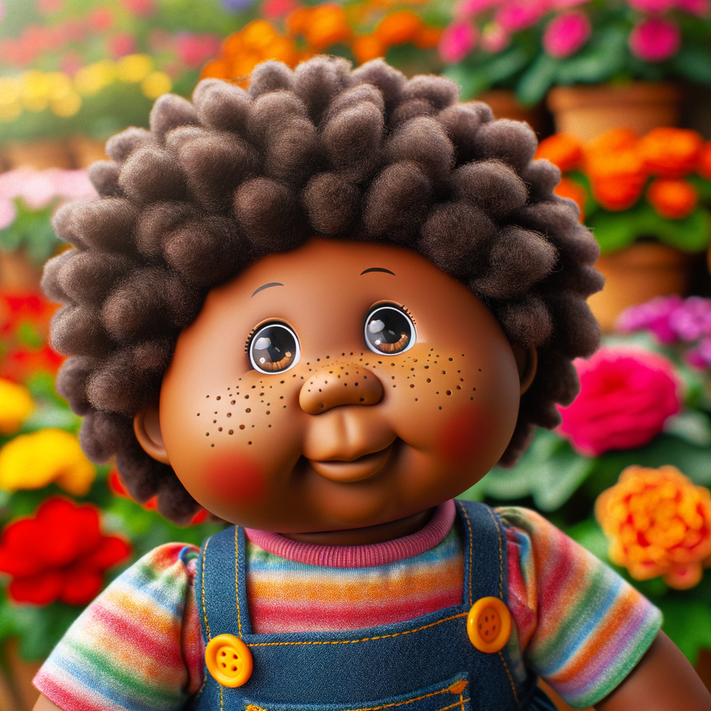 African-American cabbage patch doll with huge dimples, and freckles and flowers in the background