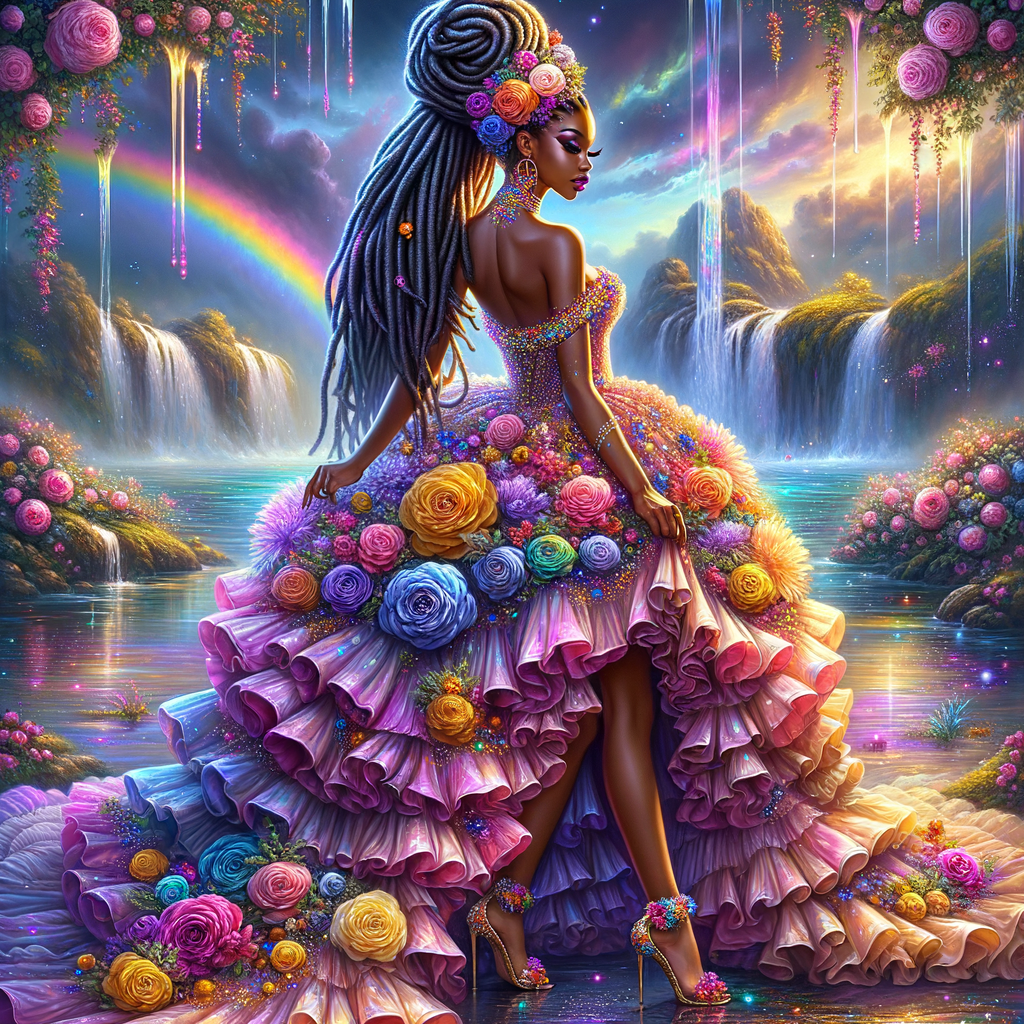 Remix Prompt
S/O Jackie Torres
S/O Panda Locke

create a animated style hyper realistic airbrush whimsical oil painting of a light African American woman wearing a flawless beautiful purple, pink, and gold blossom dress long flowing with colorful flowers and ruffles on the dress colorful jewelry made of flowers she has long black dreadlocks in a bun a colorful rose in her hair her peep toe shoes is matching her dress behind her is a beautiful waterfall liquid glowing lights beautiful colorful rainbow surrounded by beautiful roses.