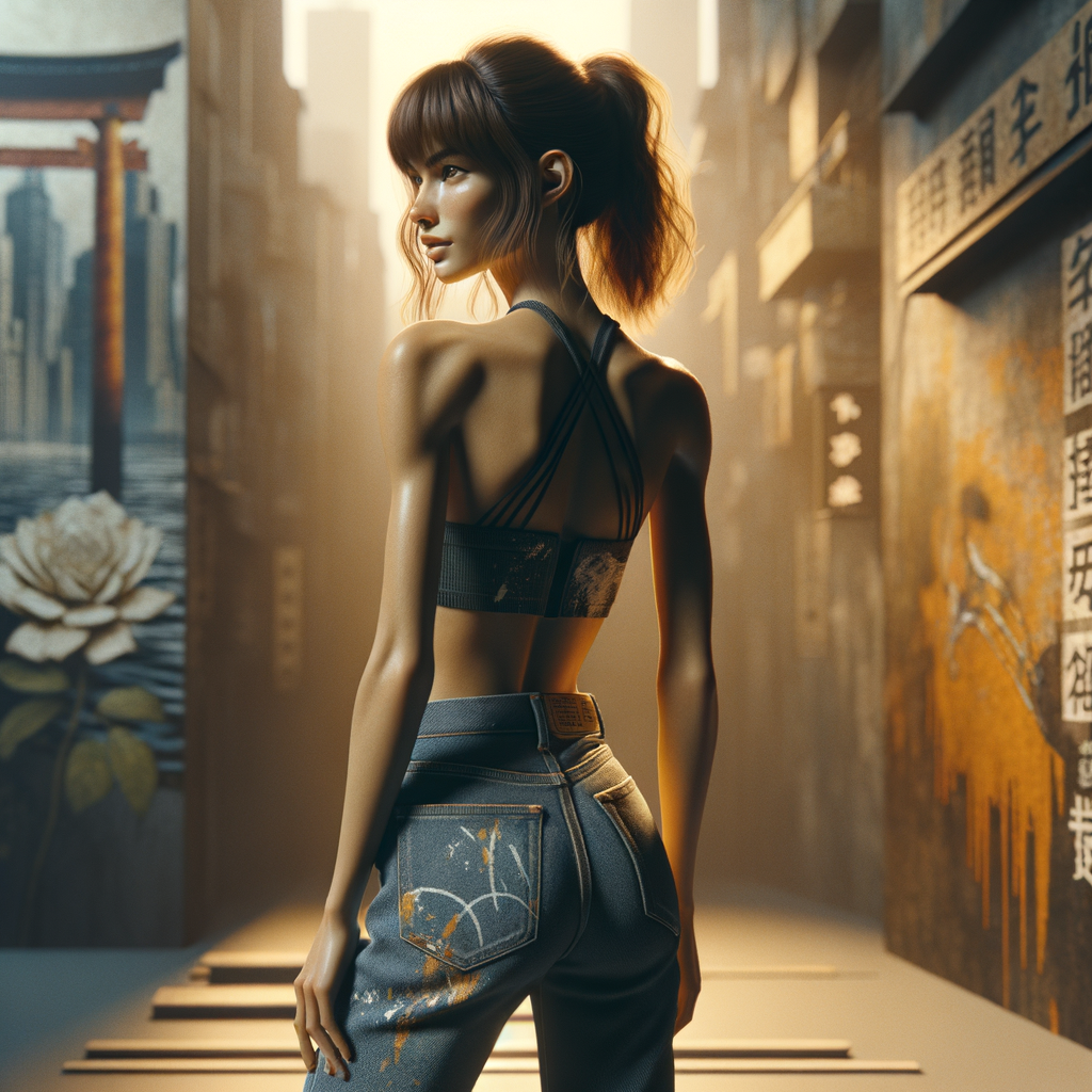 Athletic Thin skinny Attractive, Asian teenage girl, long brown hair and bangs, wearing tight skinny jeans and a halter top paint marks on her clothing, heroic pose Asian graffiti background, backside view