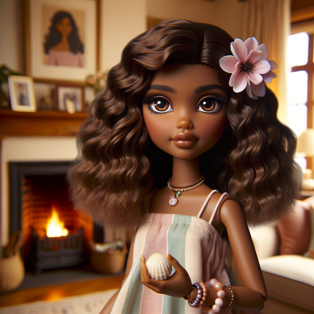 Create an image of a stylized, Latino brown skin doll-like girl seated in a cozy living room with a warm fireplace. She has voluminous, wavy hair cascading over her shoulders, tinted with shades of chestnut and mocha. Her large, expressive eyes are a deep brown, fringed with long, fluttery lashes. A delicate pink flower tucks behind one ear, complementing her youthful glow. She wears a pastel-striped summer dress with soft, flowing fabric that drapes elegantly over her small frame. Around her neck is a dainty necklace adorned with beads and a gentle sprinkle of gemstones reflecting subtle light. In her hand, she holds a pearly seashell as a charming accessory. Behind her, the living room is inviting, with plush furnishings, a mantelpiece adorned with family photos and trinkets, and a crackling fireplace that casts a comforting glow and dancing shadows around the room, enhancing the ambiance of a serene home setting