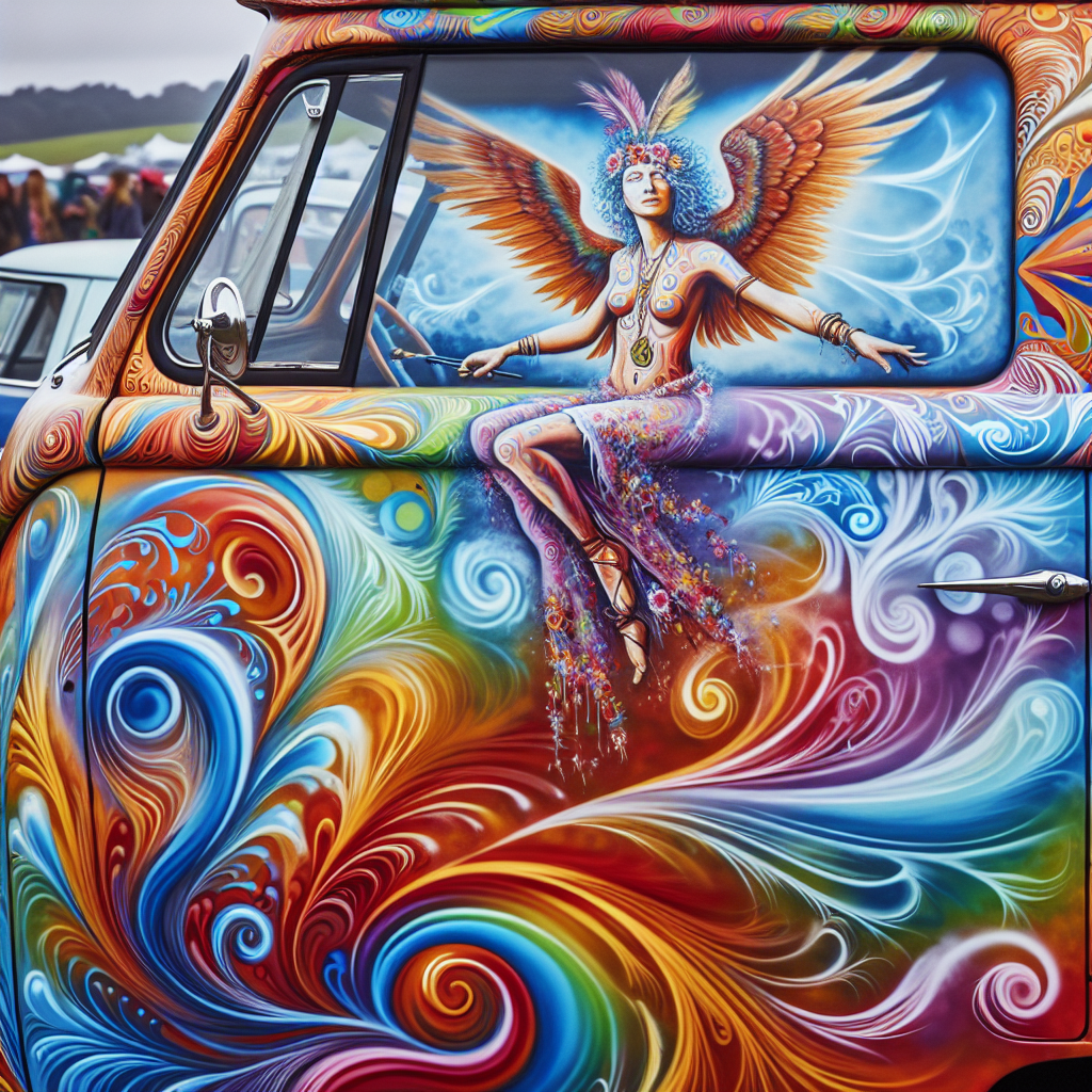 Custom-painted 1960s hippie van featuring an airbrushed mural of a nude woman astride a flying dragon, executed in a psychedelic art style synonymous with the era.