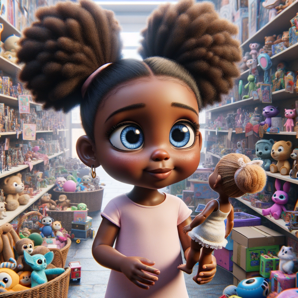 Create a 3-D image of an african-American, little girl inside of a very large toy store. The little girl has thick, ponytails and huge blue eyes. She is playing with her favorite doll, the doll is