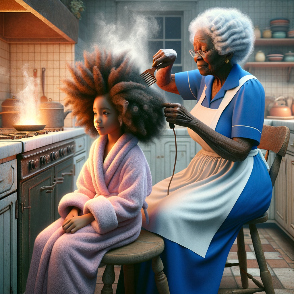 Create a realistic 3-D image of an african-American grandmother wearing a blue house dress and a white apron . She is in the kitchen with her african-American granddaughter. Her granddaughter is wearing a pink bath robe. The grandmother has a hot comb in her hand and she is straightening her granddaughters hair. One side of her granddaughters hair is in  a Afro the other straight 
There is smoke coming from the hot comb
The granddaughter is making a face