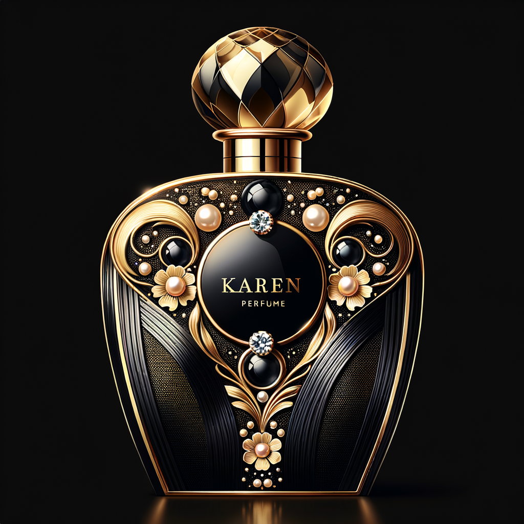 Design a fancy, black and gold bottle of perfume in the shape of a woman’s body. With a golden diamond top, flowers pearls and Diamonds in the name, Karen