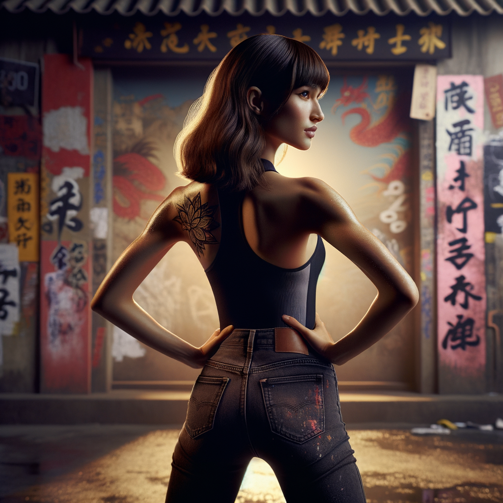 Athletic Thin skinny Attractive, Asian teenage girl, long brown hair and bangs, wearing tight skinny jeans and a halter top paint marks on her clothing, heroic pose Asian graffiti background, backside view