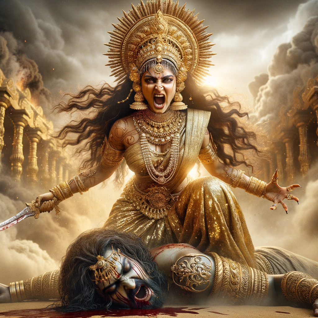 portrait of angry looking goddess durga has her foot on a defeated mahishasur. She is wearing gold armor, a huge gold crown, gold saree, abundant  gold jewelry, covered in blood. Mahishasur laying on ground dead. The scene is set in ancient India. The image is 8K resolution, photography, cinematic, ultra detailed face and epic