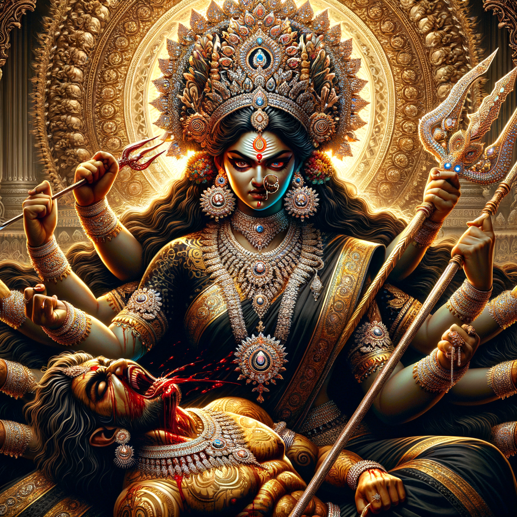 portrait of angry looking goddess durga sitting on a gold crown and carrying a weak mahishasur on her lap and stabbing him with her amazingly designed trident. She is wearing a huge diamond crown, black saree, abundant diamond jewelry, covered in blood. The scene is set in ancient India. The image is 8K resolution, photograph, cinematic, ultra detailed face and epic.