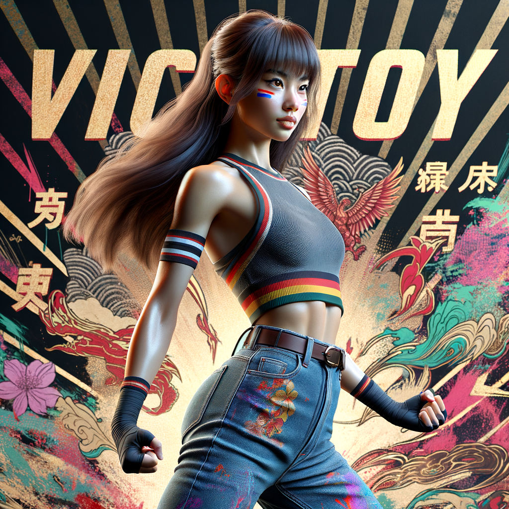 Athletic Thin skinny Attractive, Asian teenage girl, long brown hair and bangs, wearing tight skinny jeans and a halter top paint marks on her clothing, heroic pose Asian graffiti background, side view