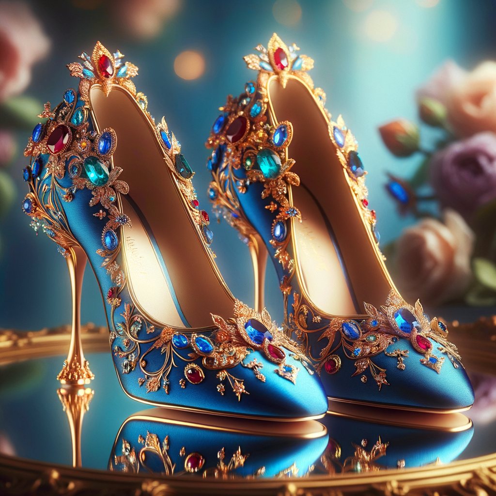 Imagine a pair of enchanting shoes, each a mirror image of the other, placed gracefully upon a regal surface. They are bathed in the soft, diffuse light that casts gentle reflections upon their silk fabric. These shoes are no ordinary footwear; they are a masterpiece of vibrant royal blue, adorned with ornate golden filigree and a multitude of glittering jewels in various hues—rubies, sapphires, emeralds, and delicate pink diamonds. Each shoe boasts an elegant, curved heel in a matching vivid blue, with tiny red and blue gems accenting the base. The shoes are positioned against a backdrop of soft-focus flowers, their pastel colors complementing the rich tones of the shoes, with hints of gold framing providing a touch of opulence. This image captures the essence of a fairy tale brought to life, a visual symphony of color and splendor.