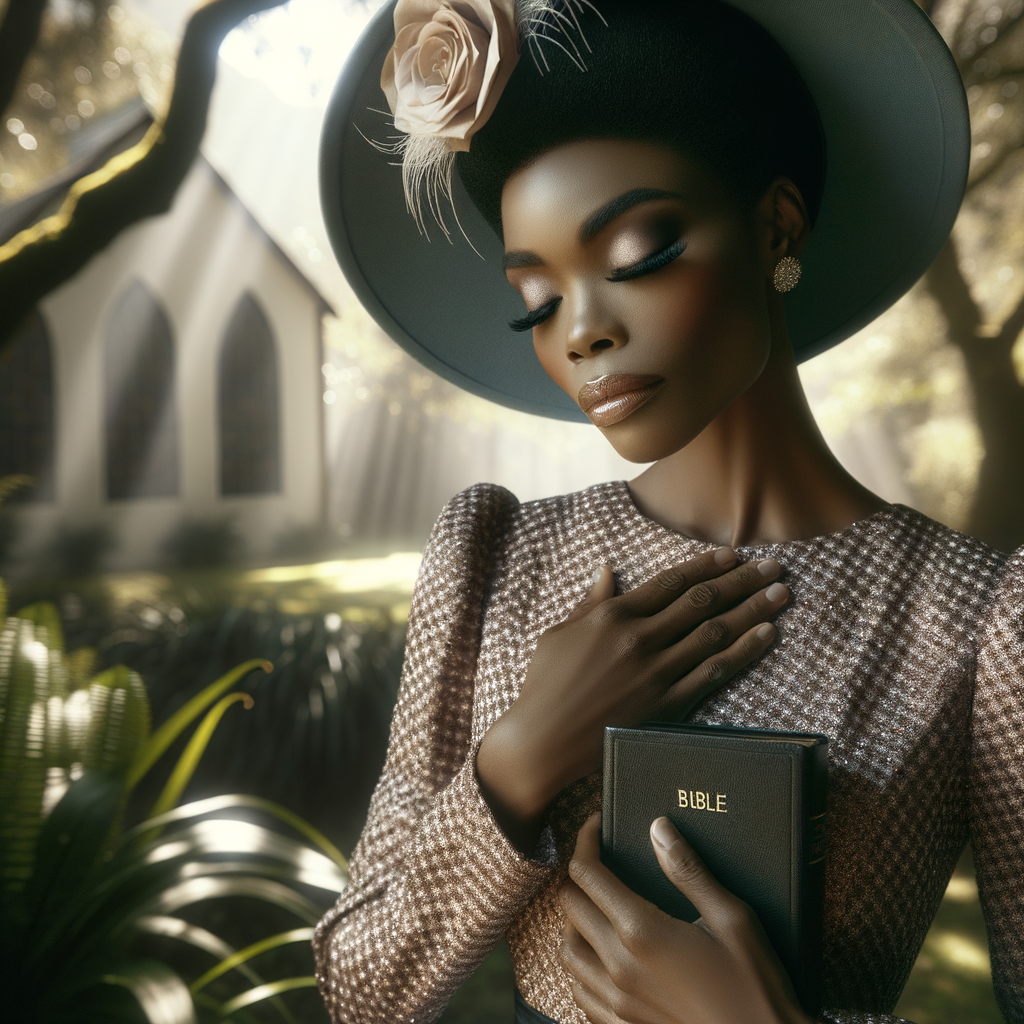 Render an airbrush oil painting of an African American woman with flawless makeup in a
contemplative pose, holding a Bible close to her heart, dressed in an elegant Sunday Best
outfit with a distinctive Church Hat. The background features a peaceful church garden,
with light filtering through the trees, highlighting her spiritual connection and the personal
moment of reflection. The artwork should capture the tranquility of the scene, the beauty
of her attire, and the depth of her contemplation, reflecting a serene and spiritually