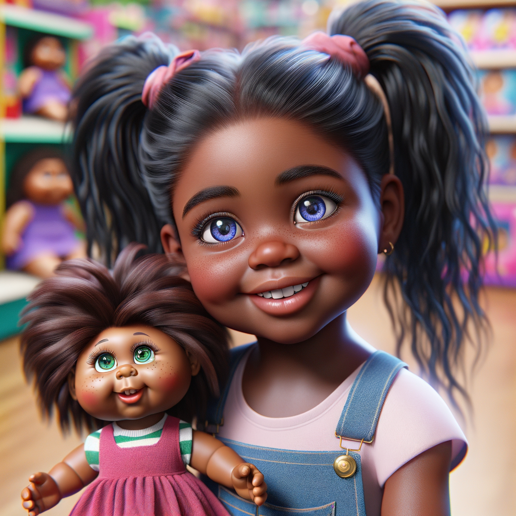 Create a 3-D realistic image of an African-American little girl above the age of five she has huge, blue eyes and thick long ponytails.
She is in a toy store and she is playing with her favorite african-American Cabbage Patch doll , the doll has deep, dimples and freckles