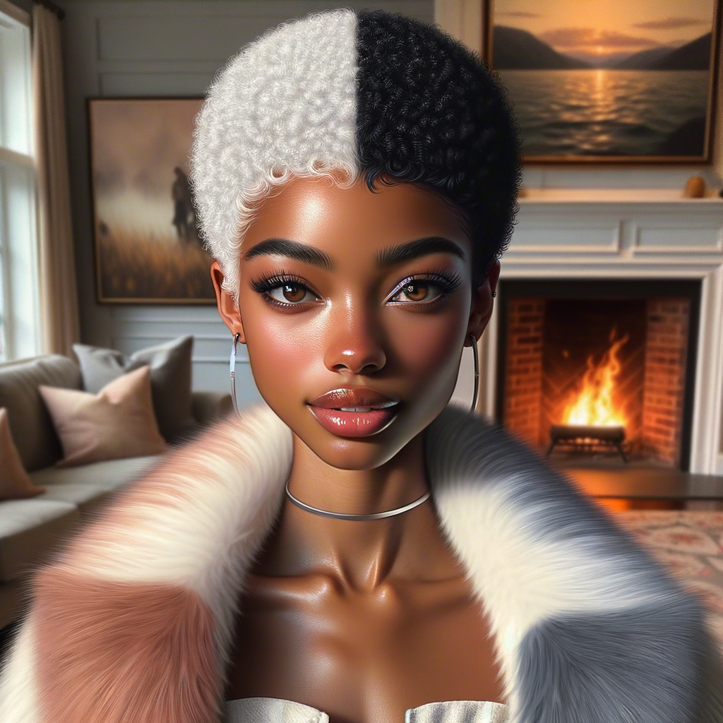 a full body veiw of a colorful gloss hyper realistic oil painting of a regal beautiful light skinned afro  American girlwith beautiful pixie cut one side of hair is black and the other side  of her hair white slick baby hair and furry white and pink and blue furry coat and outfit under the coat standing in living room with fireplace