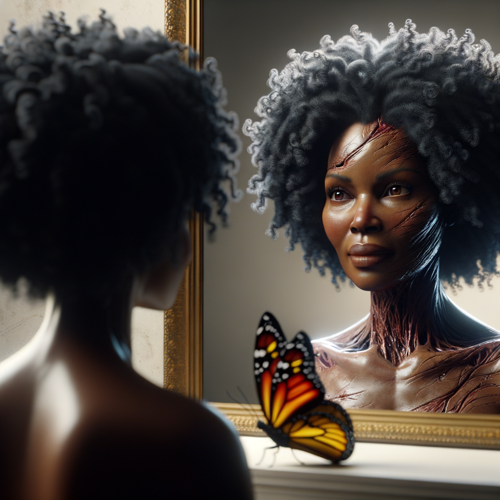 Create a 3-D realistic beautiful African-American  women with thick curly black hair
Looking at herself in the mirror, but the reflection she sees is a child, and she is no longer beautiful. She is ugly with scars. There is a fallen butterfly.