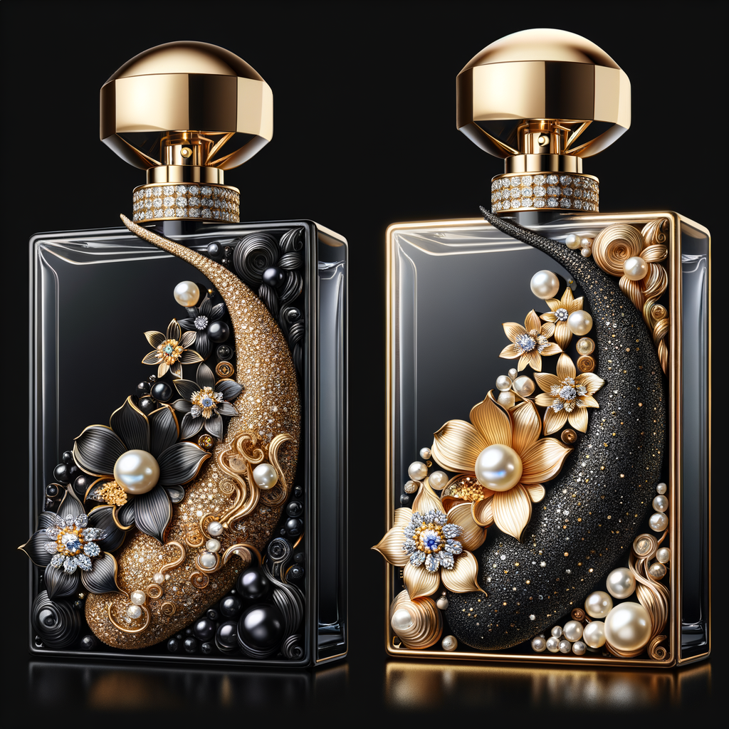 Design a fancy, black and gold bottle of perfume in the shape of a woman’s body. With a golden diamond top, flowers pearls and Diamonds in the name, Karen