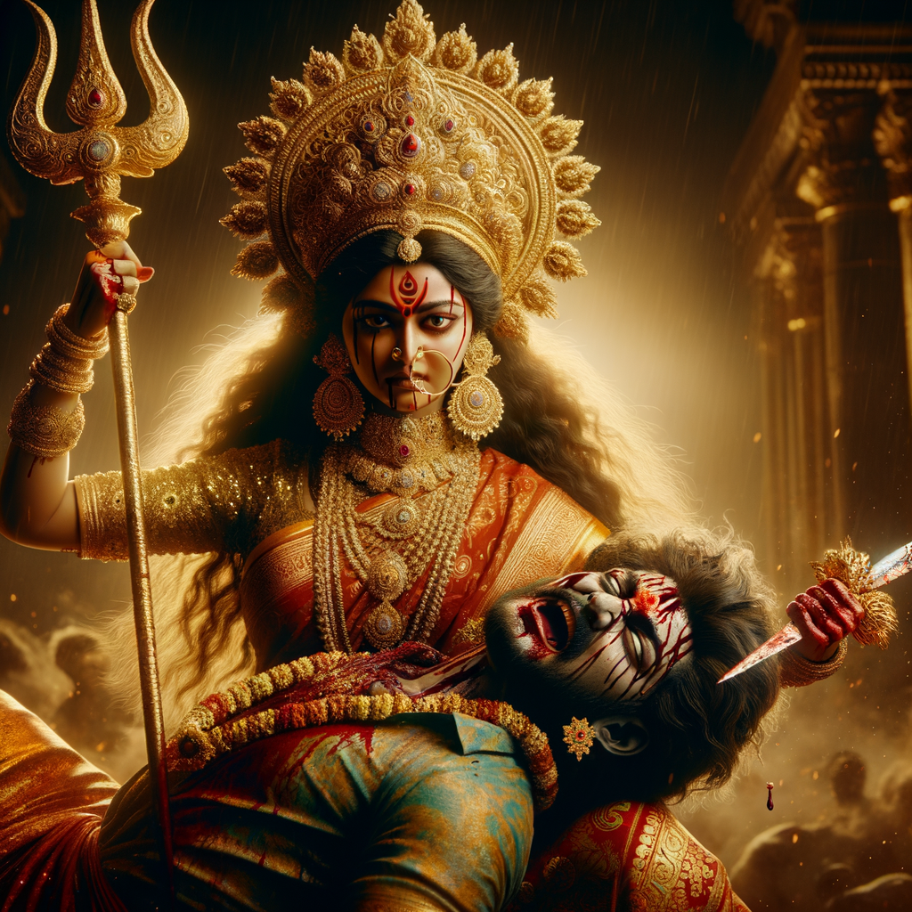 portrait of angry looking goddess durga  carrying a weak mahishasur in her arms and stabbing him with her amazingly designed trident. She is wearing a huge gold crown, red saree, abundant  gold jewelry, covered in blood. The scene is set in ancient India. The image is 8K resolution, cinematic, ultra detailed face and epic.