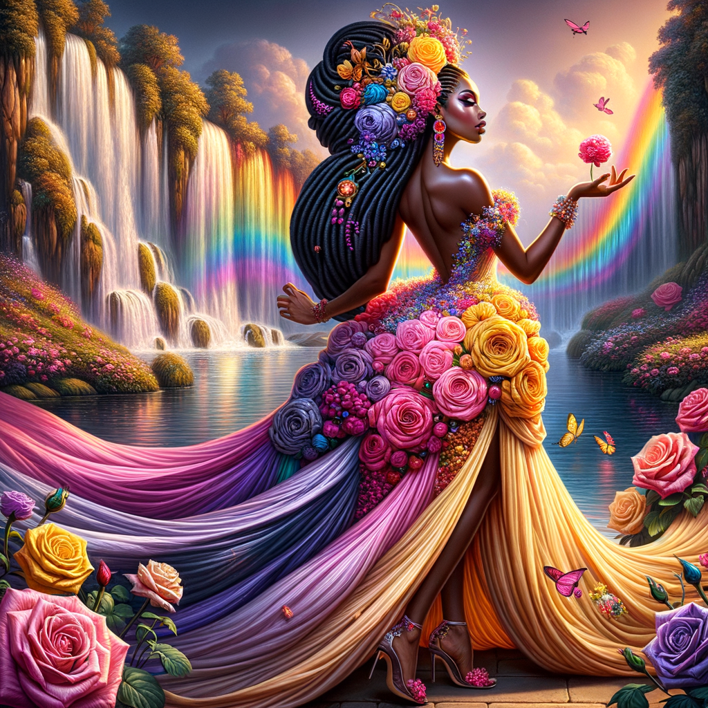 Remix Prompt
S/O Jackie Torres
S/O Panda Locke

create a animated style hyper realistic airbrush whimsical oil painting of a light African American woman wearing a flawless beautiful purple, pink, and gold blossom dress long flowing with colorful flowers and ruffles on the dress colorful jewelry made of flowers she has long black dreadlocks in a bun a colorful rose in her hair her peep toe shoes is matching her dress behind her is a beautiful waterfall liquid glowing lights beautiful colorful rainbow surrounded by beautiful roses.