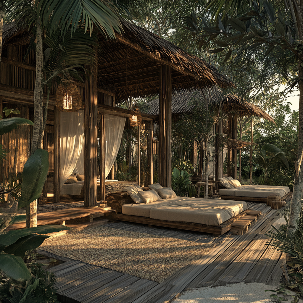 Create a design of an elite fight camp in Bali Indonesia. Make it eco, natural and cozy and at the same time stylish