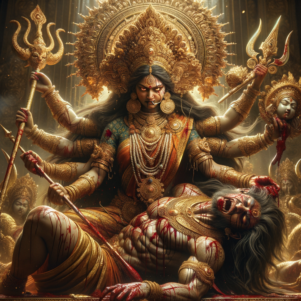 portrait of angry looking goddess durga, sitting on a gold crown and carrying a weak mahishasur on her lap and stabbing him with her amazingly designed trident. She is wearing gold armor, a huge gold crown, red saree, abundant gold jewelry, covered in blood. The scene is set in ancient India. The image is 8K resolution, cinematic, ultra detailed face and epic.