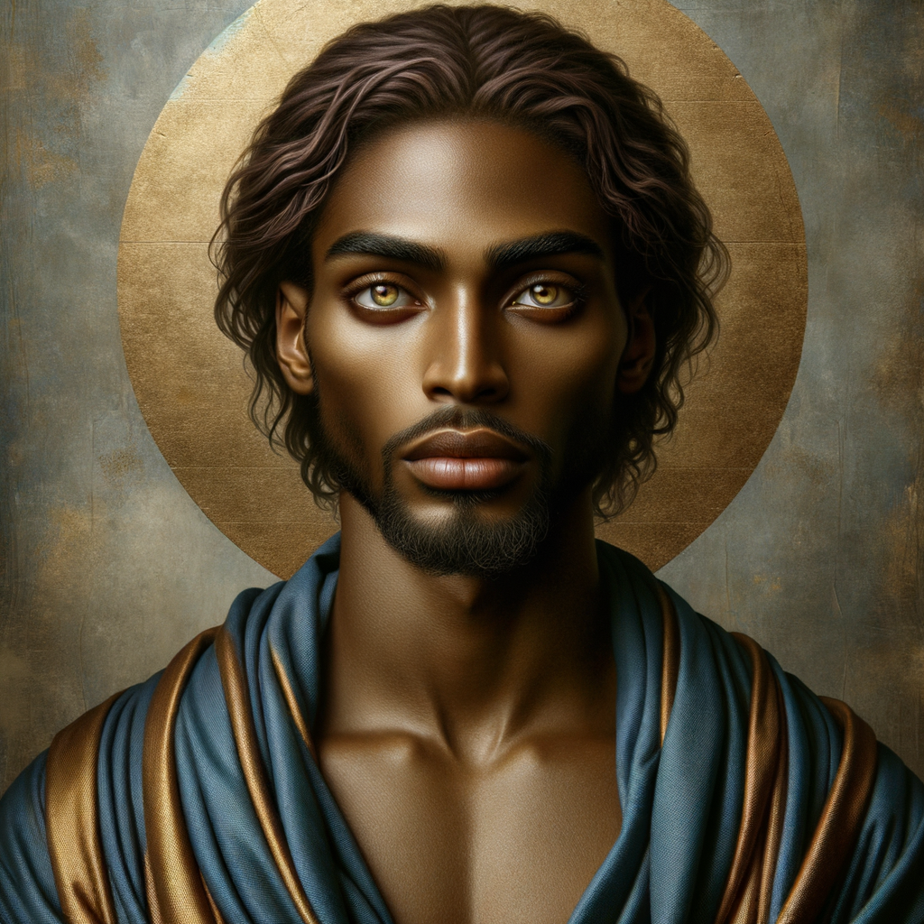 Create handsome African-American, Jesus, with Hazel Brown eyes wearing a blue and gold robe