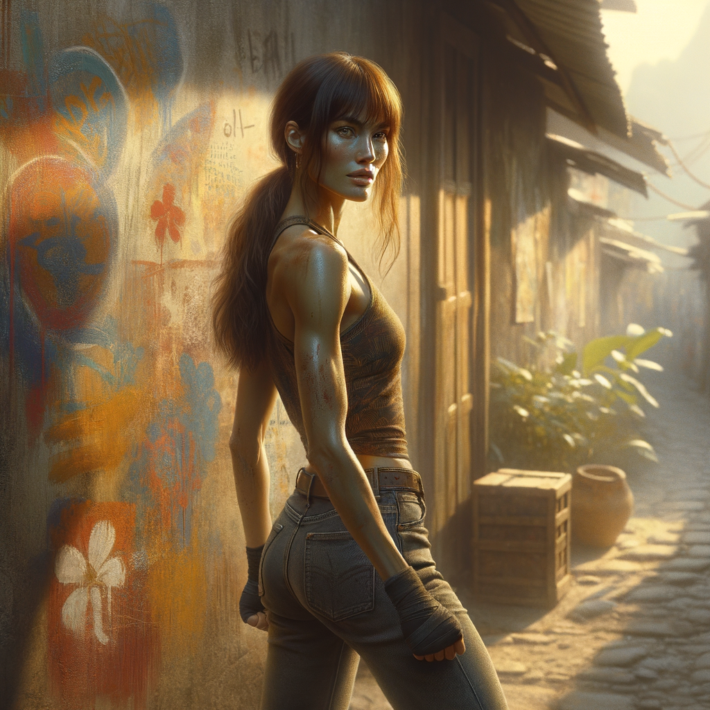 Athletic Thin skinny Attractive, Asian teenage girl, long brown hair and bangs, wearing tight skinny jeans and a halter top paint marks on her clothing, heroic pose Asian graffiti background,  backside view