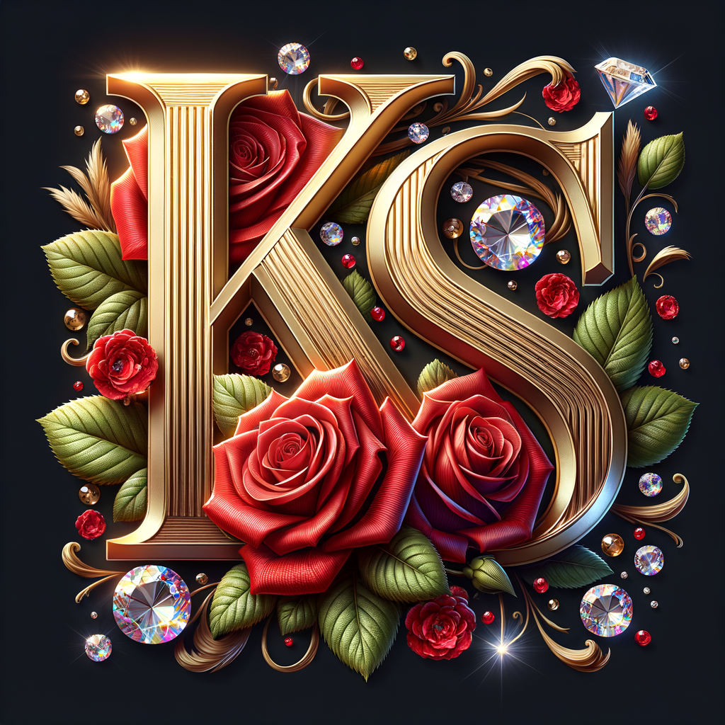 Create a 3-D realistic image with the letters  K.S. in gold raised letters and add some red roses. Add diamonds and colorful jewels