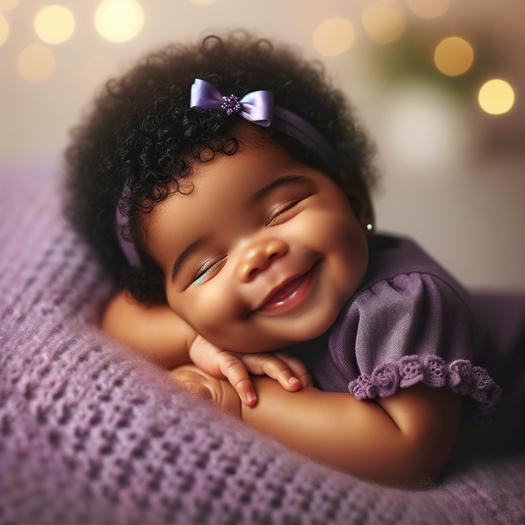 An adorable African American baby with a joyful expression, sleeping soundly and smiling. The baby has curly black hair adorned with a purple bow, and is wearing a snug, short-sleeved purple onesie. The baby rests on a soft, lavender blanket that provides a cozy atmosphere. In the background, there is a gentle bokeh effect with warm, glowing lights, evoking a peaceful and dreamy scene.