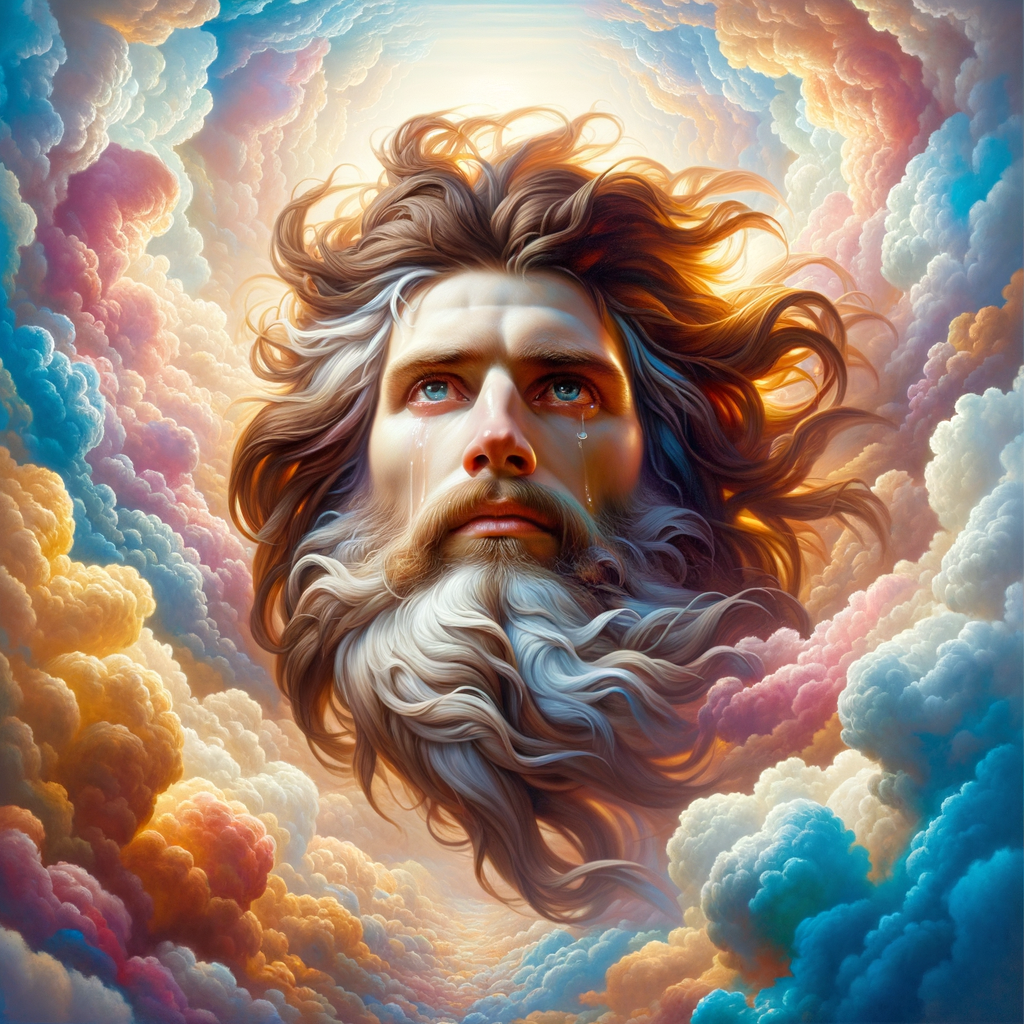 Create a 3-D realistic oil, painting brown 
Jesus Christ coming in the blue, gold, pink and white clouds with great power and glory up close, tears rolling down his face,