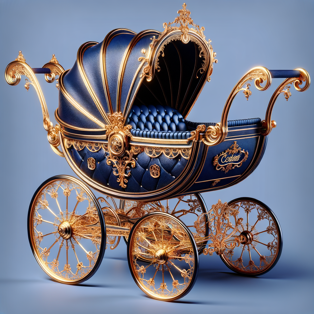 "Design an elaborate baby carriage fit for royalty, with an elegant royal blue body and shimmering gold details. The carriage features exquisite golden ornamentation, with wheels that are masterpieces of craftsmanship, adorned with intricate lace-like filigree patterns. On the side panel of the carriage, the name 'Karen' is inscribed in an ornate, golden script that matches the opulence of the vehicle. The interior is visible, lined with a luxurious material that invites one to sit in comfort and style. The overall design exudes a sense of grandeur and fairytale magic, as if it has rolled out of a storybook page."