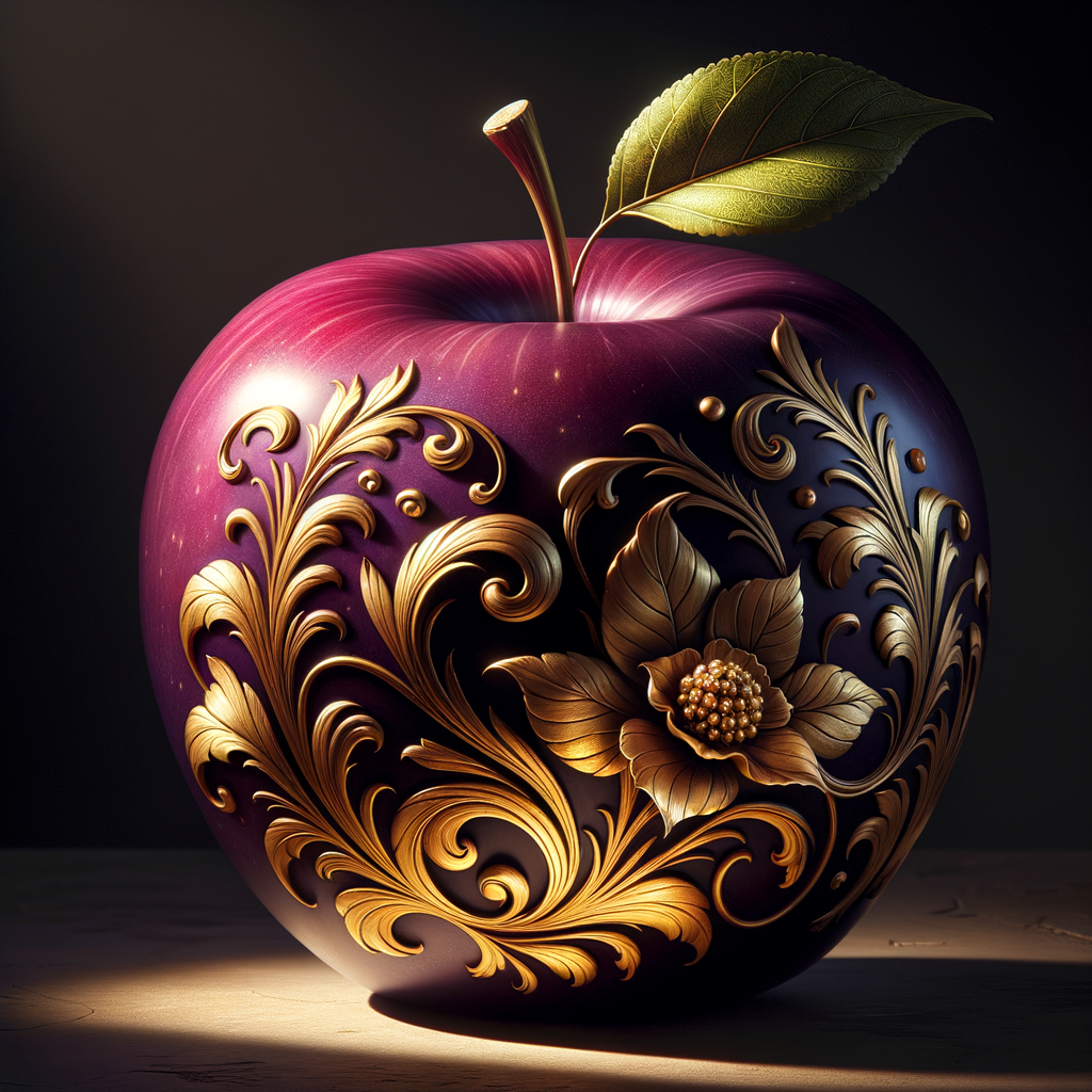 A sumptuous, oversized apple rests upon a shadowy surface, its skin a luxurious deep purple with a gradient that suggests a hidden light within. Gold leaf patterns sweep elegantly around the apple's curvature, reminiscent of baroque scrollwork. Attached to the apple is a realistic stem topped with a single, vibrant green leaf that appears to have a light source of its own. Surrounding the base of the apple is a delicate arrangement of flowers, each petal reflecting the apple's purple hue and the gold's sheen, adding a soft, natural contrast to the metallic ornamentation. Etched into the golden design, in a subtle and sophisticated script, is the name "Karen," integrating seamlessly with the curves and flourishes of the decoration.