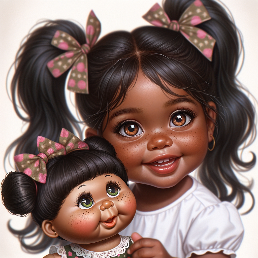 African-American girl with huge Hazel Brown eyes and long, black ponytails with Bows playing with African-American, cabbage Patch doll with huge dimples and freckles