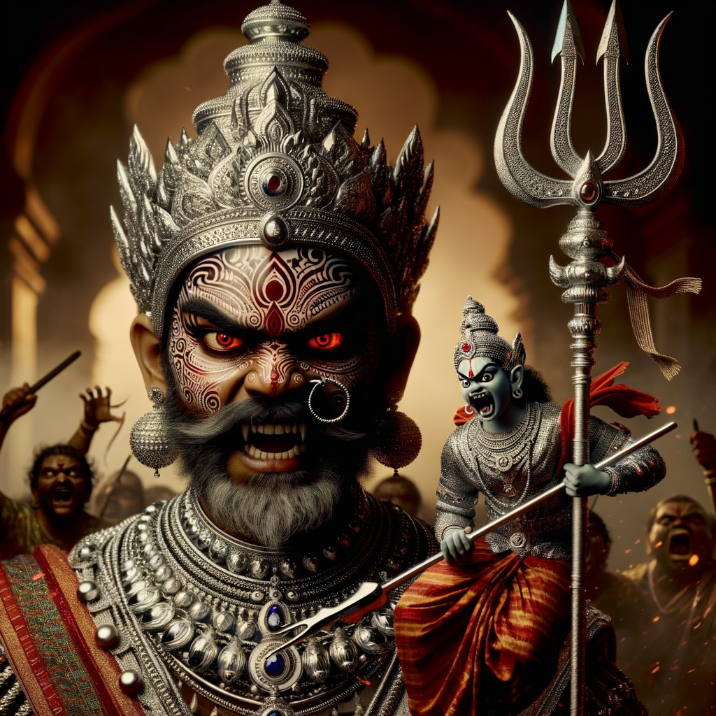 portrait of angry looking goddess durga  carrying a weak mahishasur in her two arms and stabbing him with her amazingly designed trident. She is wearing a huge silver crown, red saree, abundant silver jewelry, covered in blood. The scene is set in ancient India. The image is 8K resolution, cinematic, ultra detailed face and epic.