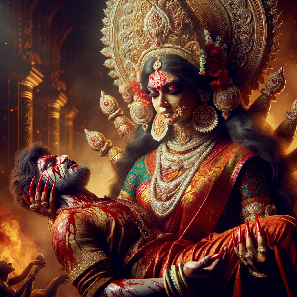 portrait of angry looking goddess durga  carrying a weak mahishasur in her arms and poking him with her amazingly long red fingernails. She is wearing a huge gold crown, red saree, abundant  gold jewelry, covered in blood. The scene is set in ancient India. The image is 8K resolution, cinematic, ultra detailed face and epic.