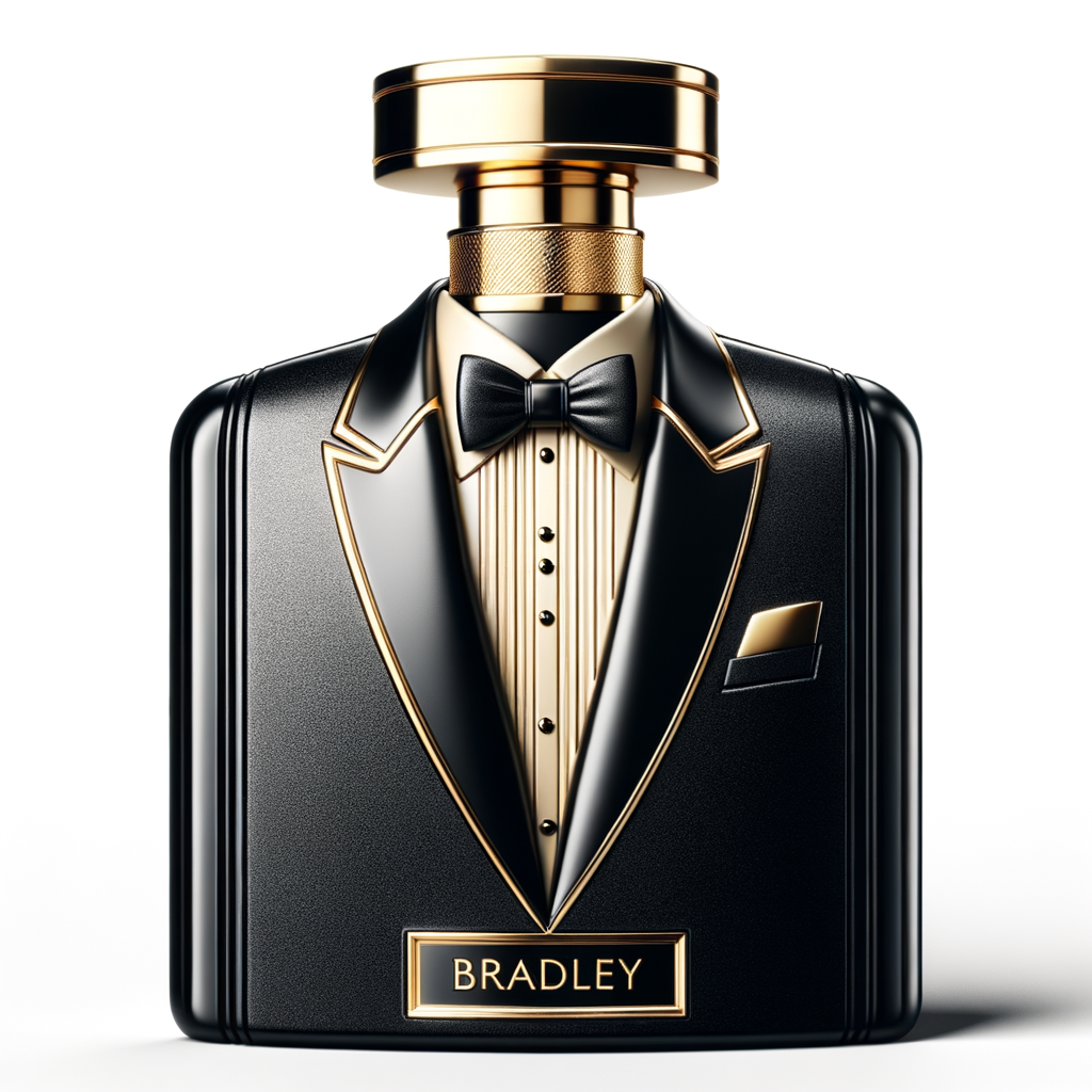 Create a realistic, 3-D cologne bottle That looks like a black Gucci tuxedo with a gold top and the name Bradley written in gold letters