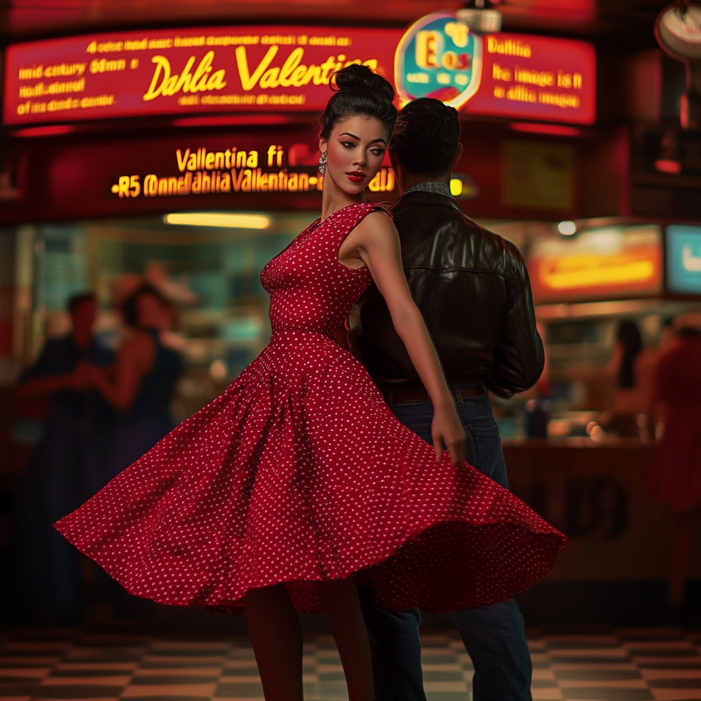 “A vibrant mid-century dance hall scene captured with a Canon EOS R5 and a 50mm f/1.2 lens. the image is focused on Dahlia Valentina fit tall supple well endowed tanned Italian American model (DahliaValentina_ai) stands in the center of a 1950s rockabilly dance, spinning in a bright red polka-dot dress with a fitted bodice and a flared skirt that lifts as she twirls. Her long wavy black hair is tied up with a matching headscarf, and she wears classic cat-eye eyeliner with a bold red lip. She dances with a charming partner dressed in a leather jacket and cuffed jeans, both caught mid-motion in a lively jitterbug step. The neon signs glow behind them, casting warm reflections on the checkered dance floor. The energy of the crowd, jukebox music, and the flickering of retro diner lights add to the nostalgic atmosphere. The composition follows dynamic angles, emphasizing movement and vintage allure.”