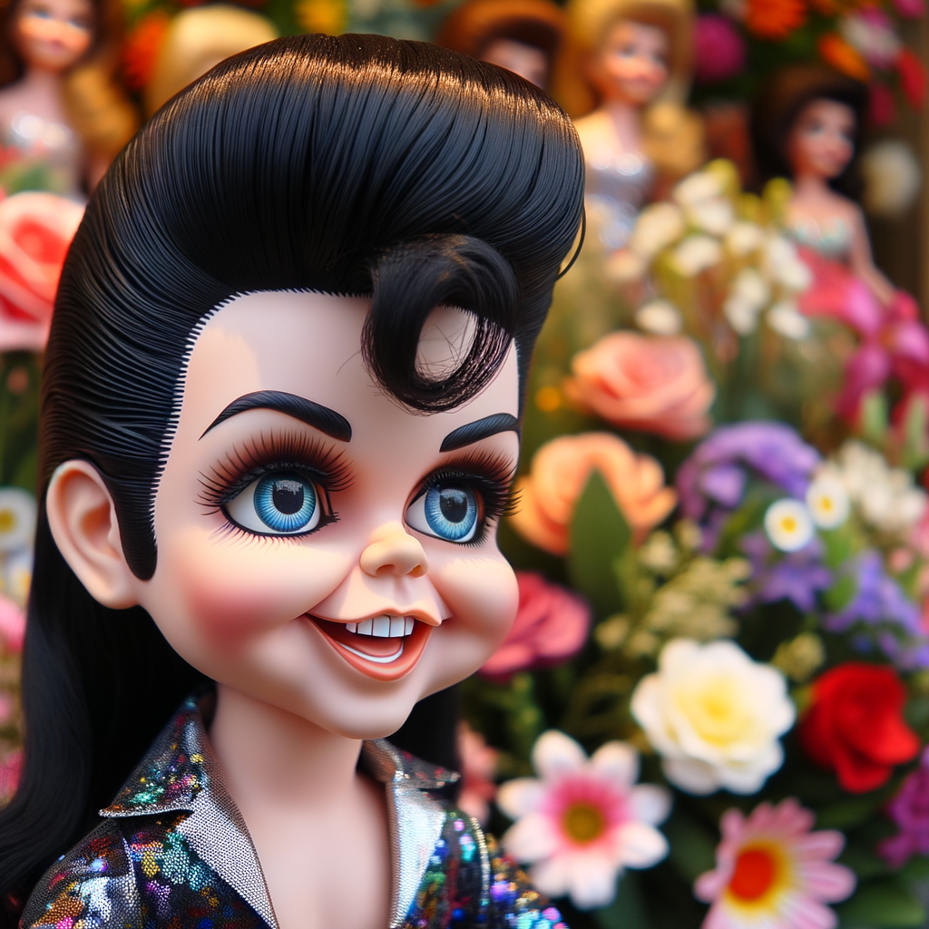 Elvis Presley doll with huge blue eyes flowers in the background