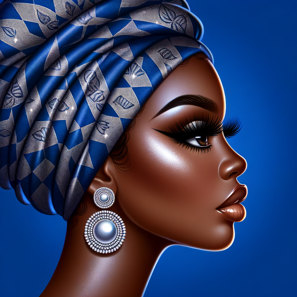 Create an airbrushed digital portrait of an animated
African-American woman in profile against a solid cobalt
blue backdrop. Her radiant skin, strikingly long eyelashes, a
pronounced nose, and voluminous natural glossy lips are
showcased. She wears a headwrap adorned with intricate
diamond patterns. Large, elegant pearl drop earrings
complete her appearance, showcasing the entire headshot
details with a focus on sophistication and grace. The digital
art should highlight her striking features against the vibrant
background, creating a visually stunning piece.