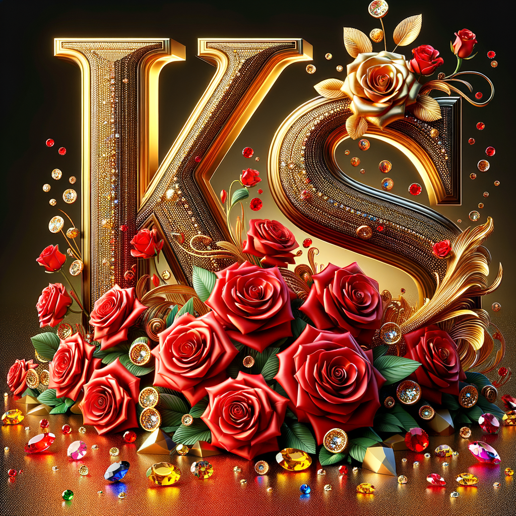 Create a 3-D realistic image with the letters  K.S. in gold raised letters and add some red roses. Add diamonds and colorful jewels