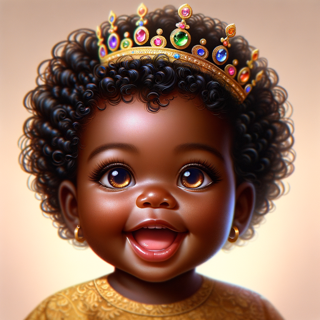 "Create a digital portrait of an adorable african-American baby girl with a joyful expression. She is wearing a gold crown with colorful jewels. Her big, bright blue eyes are wide with wonder, and her tiny mouth is shaped in a happy grin. Her skin has a warm, honey-brown tone, and she has an abundance of thick curly black hair, The background is soft and neutral to keep the focus on her delightful features. The portrait should be vibrant and heartwarming, celebrating the innocence and charm of childhood."