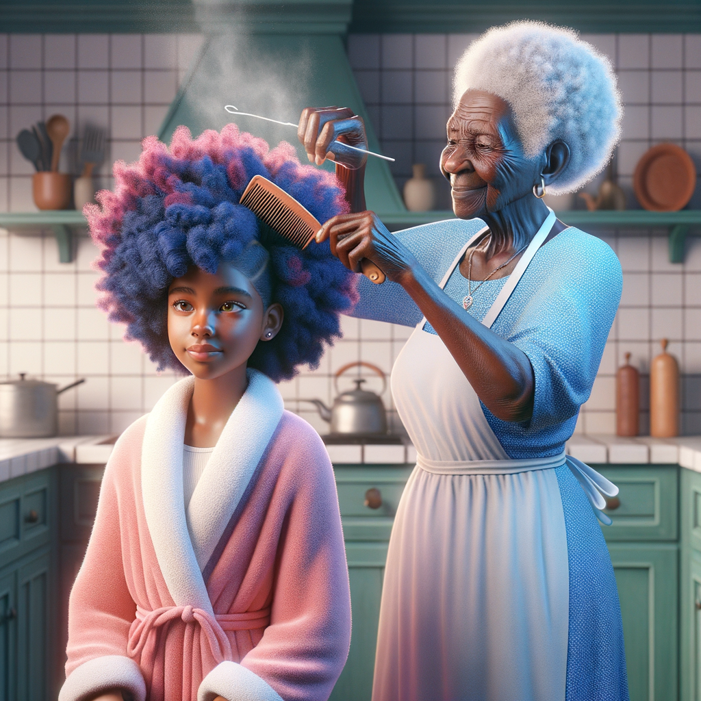 Create a realistic 3-D image of an african-American grandmother wearing a blue house dress and a white apron . She is in the kitchen with her african-American granddaughter. Her granddaughter is wearing a pink bath robe. The grandmother has a hot comb in her hand and she is straightening her granddaughters hair. One side of her granddaughters hair is in  a Afro the other straight 
There is smoke coming from the hot comb
The granddaughter is making a face