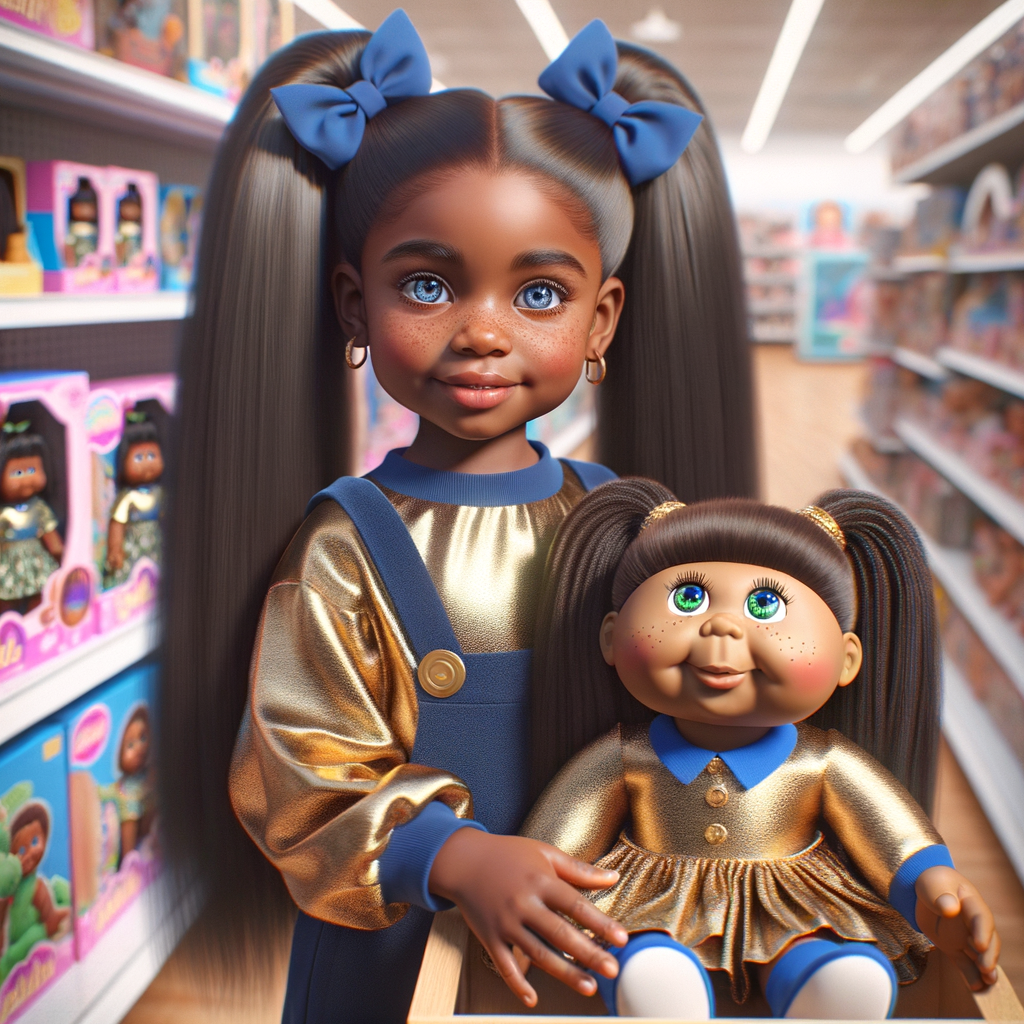 Create a 3-D image of an african-American little girl inside of a medium size, toy store. The little girl has thick long, ponytails and huge blue eyes. She has on a gold and blue jumpsuit with matching bows, She is playing with her favorite african-American cabbage patch doll, the doll has deep, dimples, and freckles and looks just like her