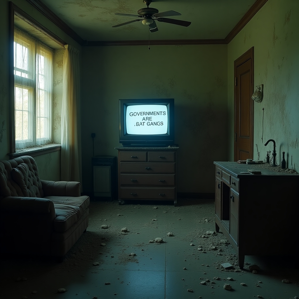 An uncomfortable vandalized room with a tube TV that says “GOVERNMENTS ARE GANGS” on the screen