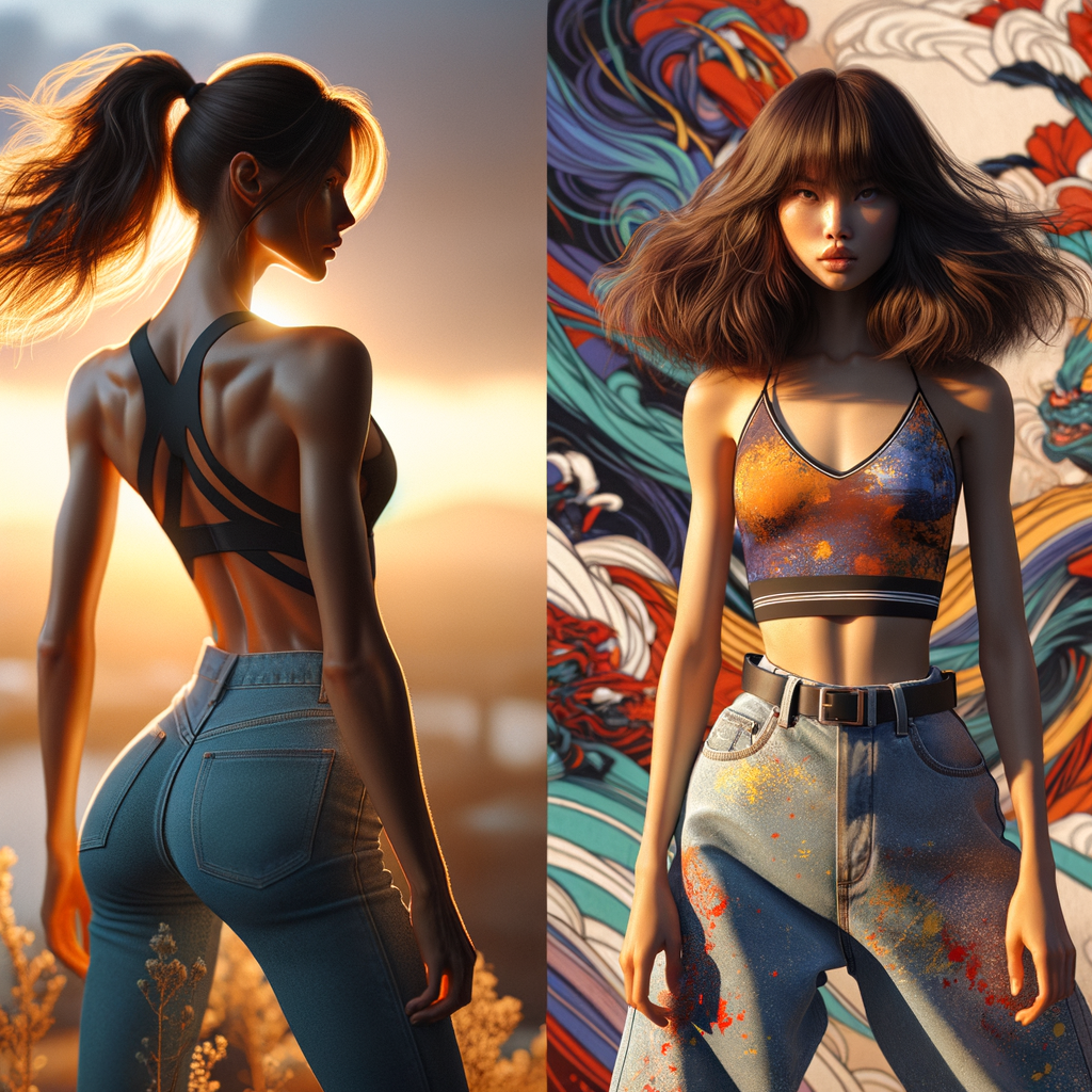 Athletic Thin skinny Attractive, Asian teenage girl, long brown hair and bangs, wearing tight skinny jeans and a halter top paint marks on her clothing, heroic pose Asian graffiti background, backside view