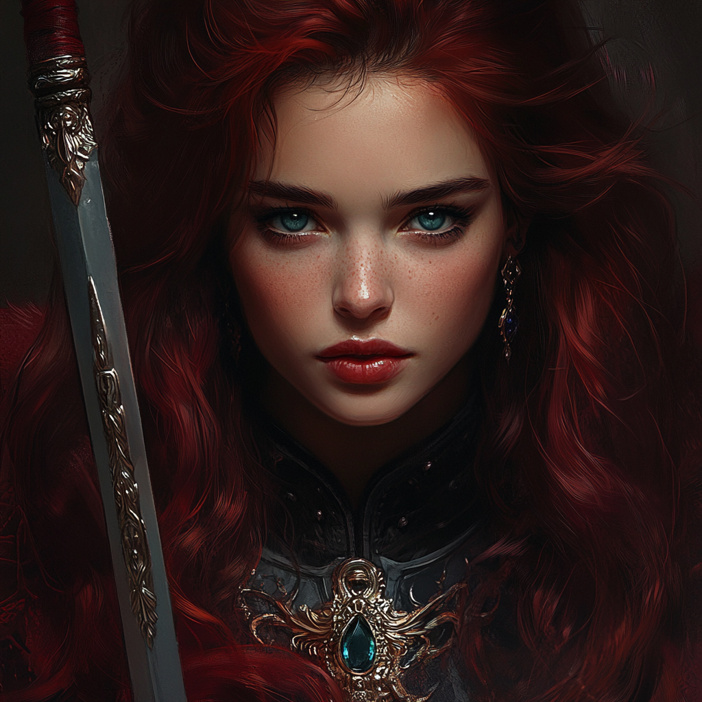 Create a realistic image of a warrior with dark red hair reaching just below the shoulders, piercing blue eyes, and a round face. The warrior should be holding a sword adorned with jewels, capturing only the bust for a detailed close-up.