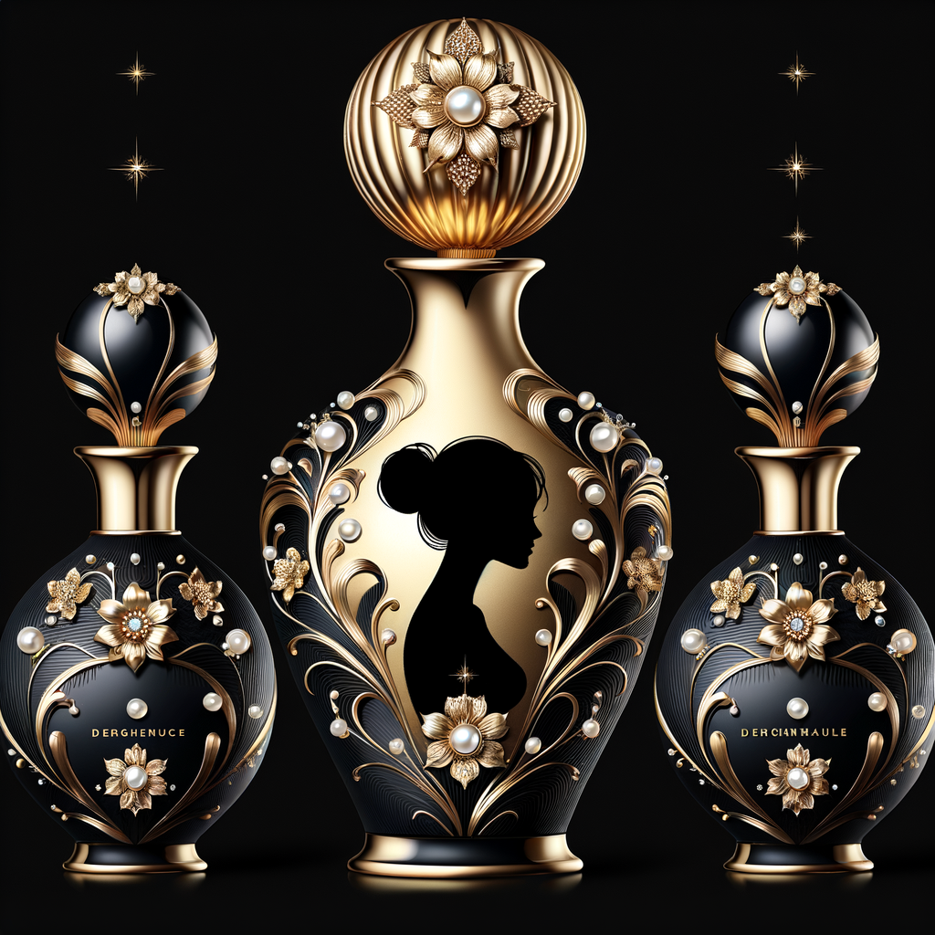 Design a fancy, black and gold bottle of perfume in the shape of a woman’s body. With a golden diamond top, flowers pearls and Diamonds in the name, Karen