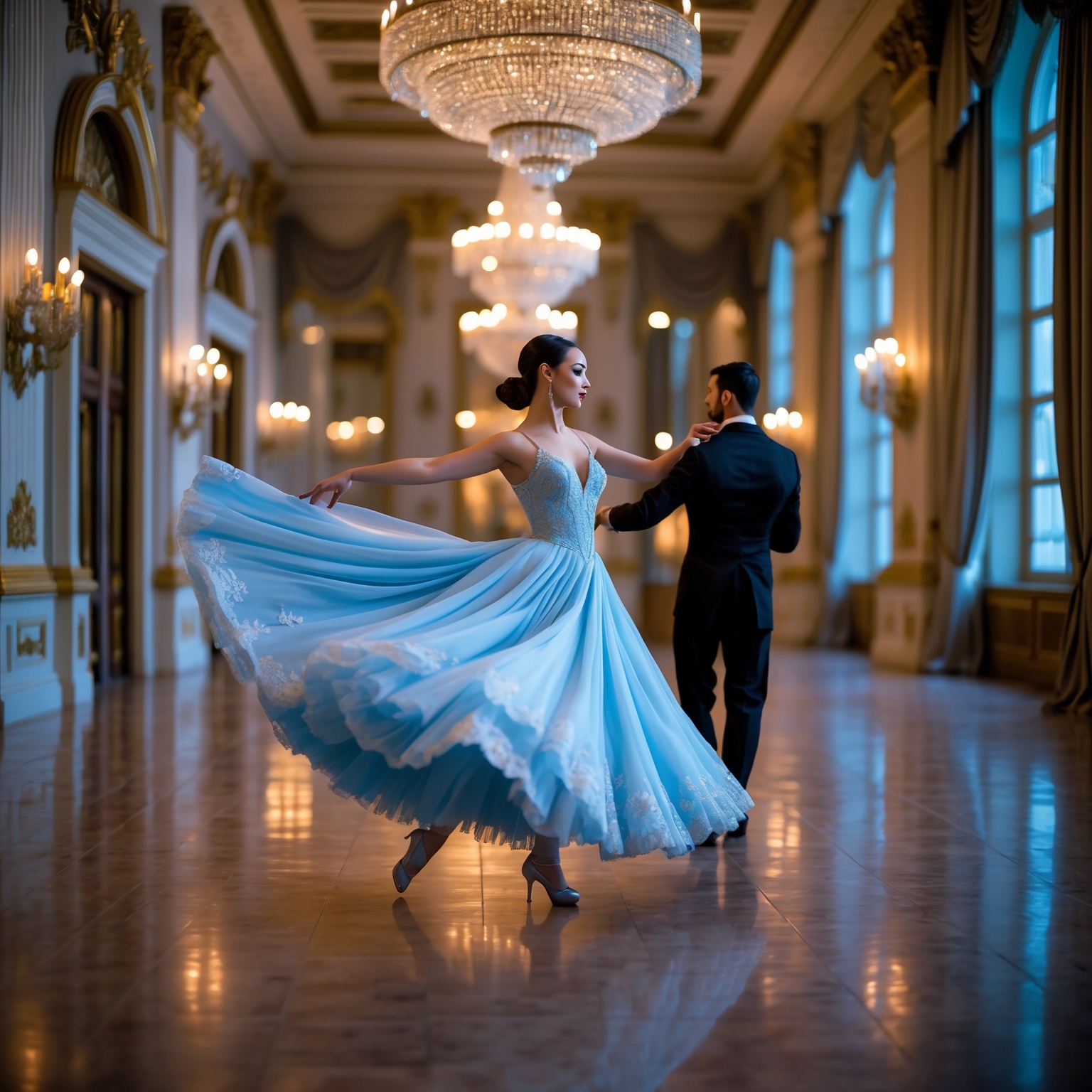 “A breathtaking wide-angle shot taken with a Nikon D850 and a 24-70mm f/2.8 lens. Dahlia Valentina (DahliaValentina_ai) fit tall supple well endowed tanned Italian American model glides gracefully across an opulent ballroom floor, caught mid-turn in a Viennese waltz. She wears a flowing ice-blue ballgown, its delicate lace details shimmering under the golden glow of an enormous crystal chandelier. Her posture is poised, her expression serene as she twirls with an elegant dance partner in a classic tuxedo. The grand ballroom features intricate gilded moldings, towering windows draped with silk curtains, and polished marble floors reflecting their movements. The air feels enchanted, as if time itself has slowed for this graceful moment. The soft depth of field blurs the background slightly, enhancing the dreamlike quality of the scene.”